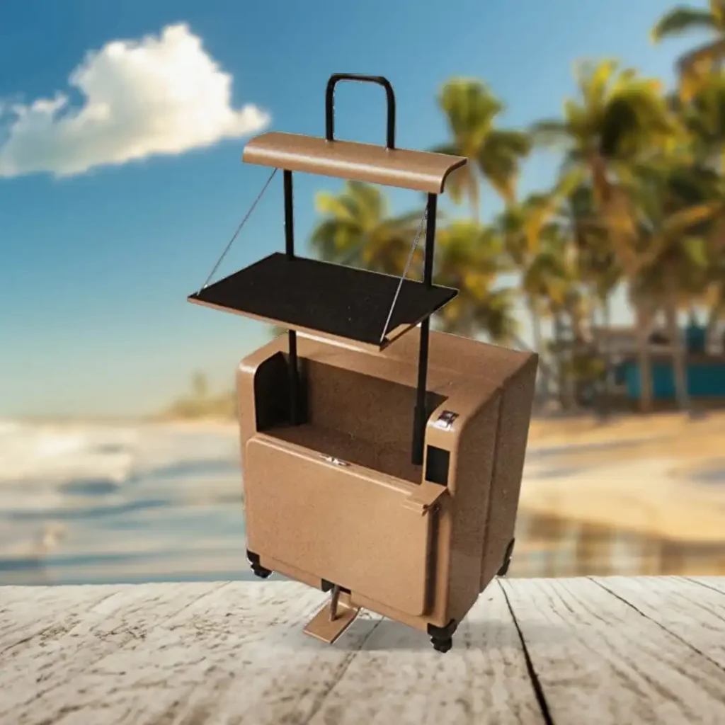 A brown cart with a tray on top of it.