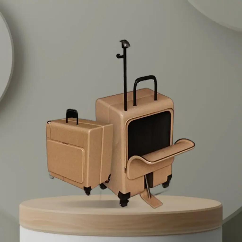 A wooden model of luggage on top of a round table.